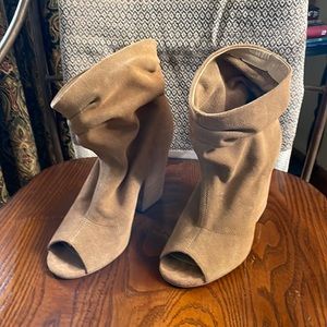 Chinese Laundry tan suede open toed “slouch boots”. Worn once. Like new
